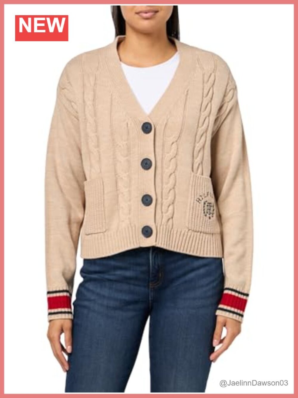 Boxy Varsity Cable Knit Cardigan Sweater Button V-Neck Long Sleeve
